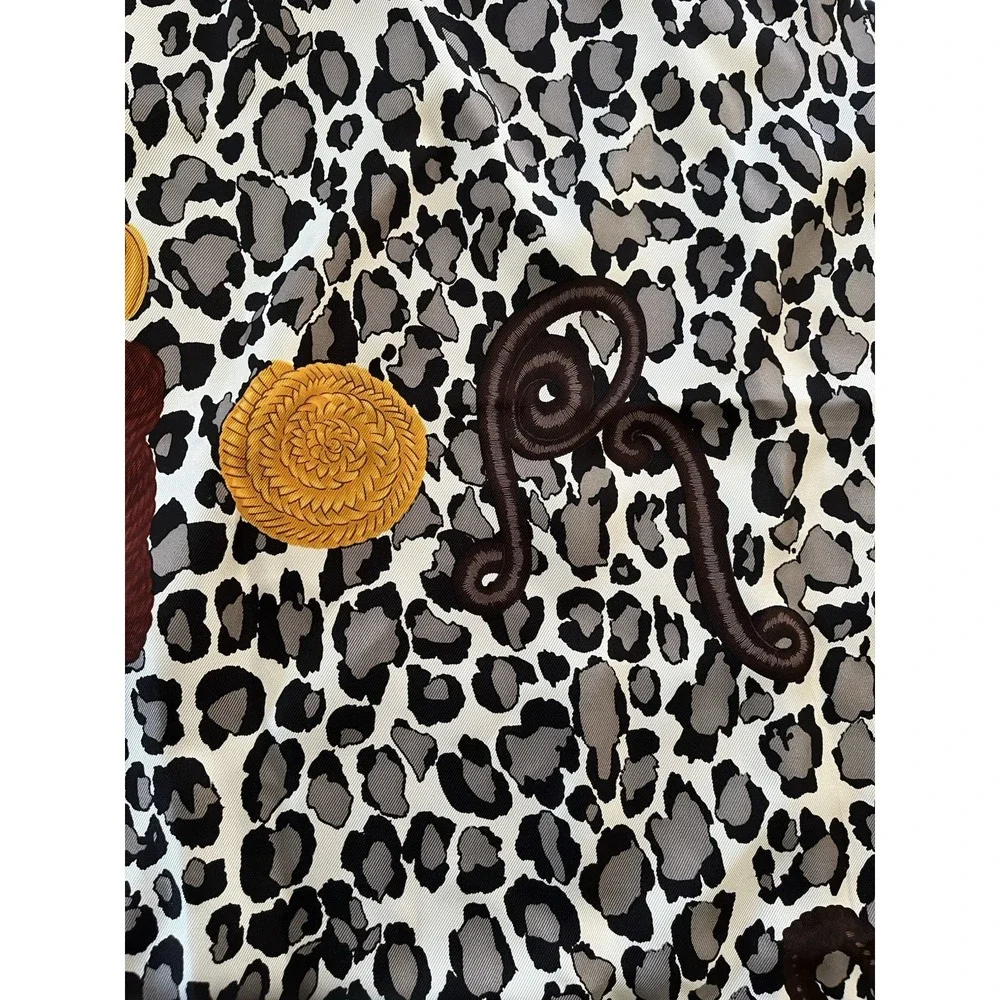 CHRISTIAN DIOR Leopard Silk Twill Scarf Spell Out Rope Knot Cord Gray Brown Gold
